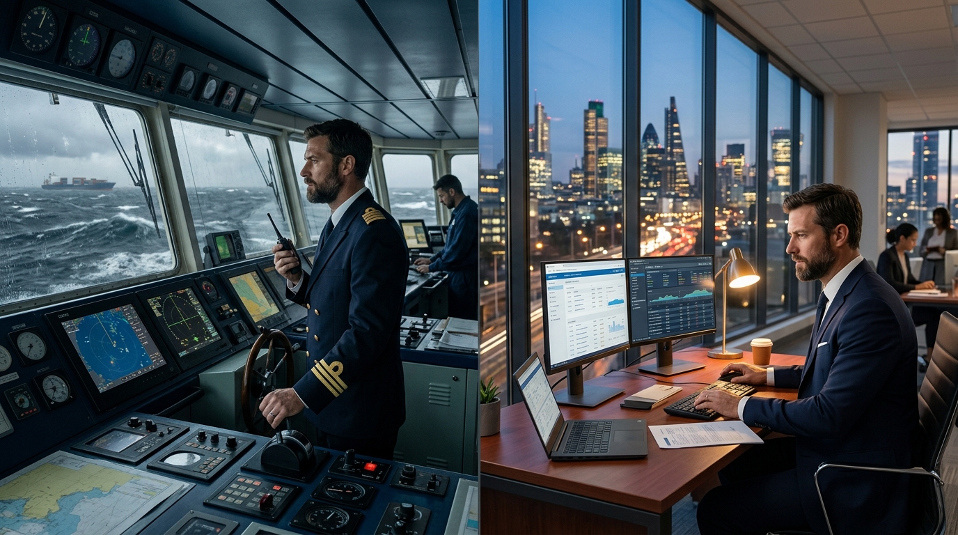 Oficial en puente de mando us trabajador en la oficina